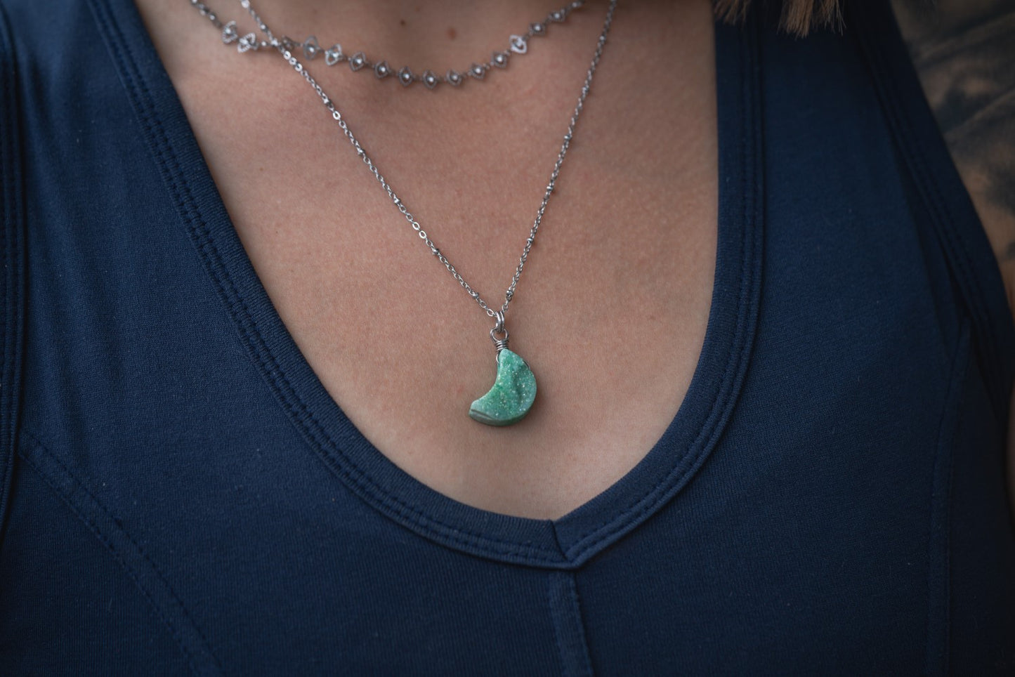 'Stay in Your Happy Place’ Seafoam Green Crescent Moon Titanium Quartz Druzy Stainless Steel Layer Necklace