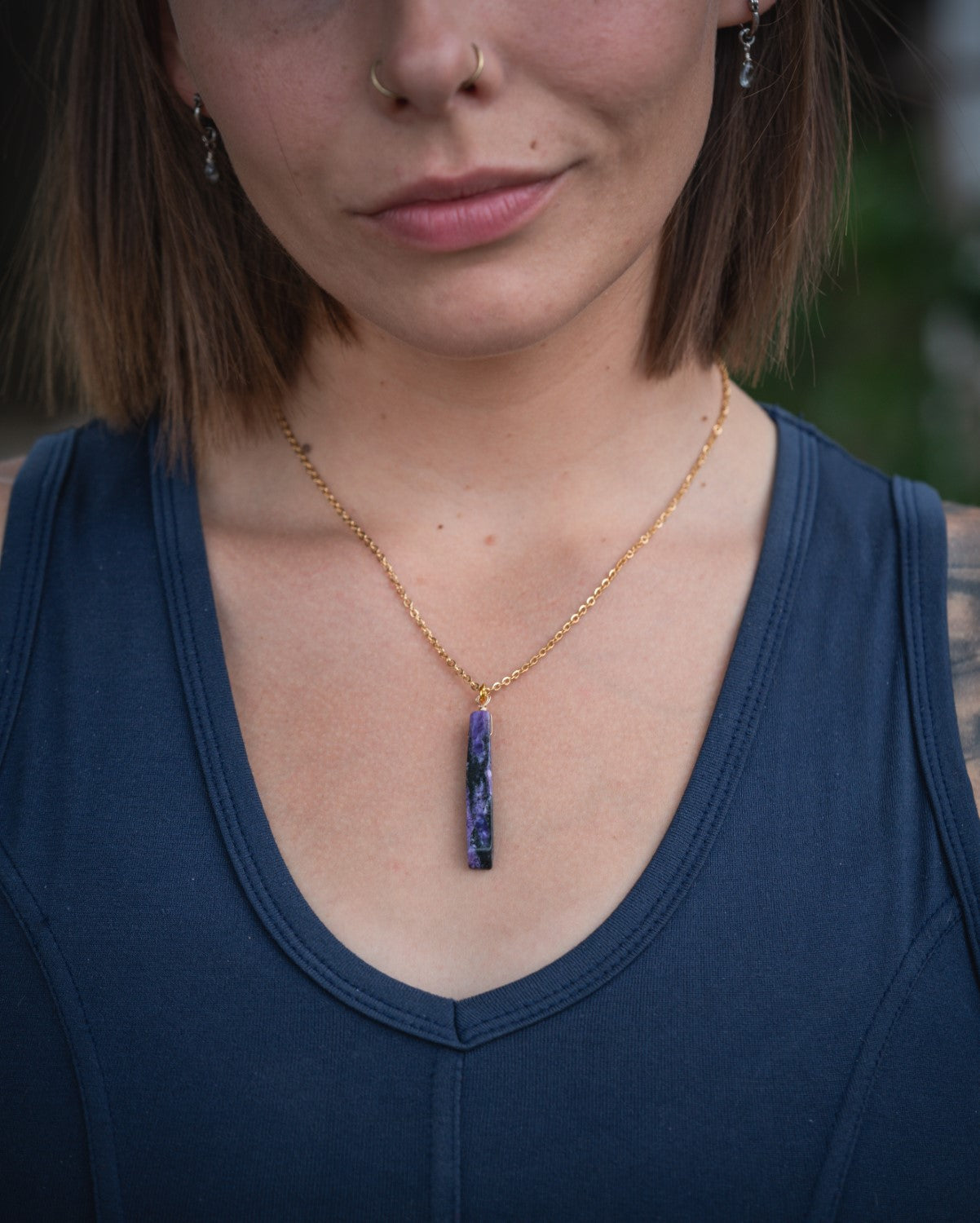 'Present Moment Awareness' Charoite Stick Gold Plated Stainless Steel Dainty Necklace