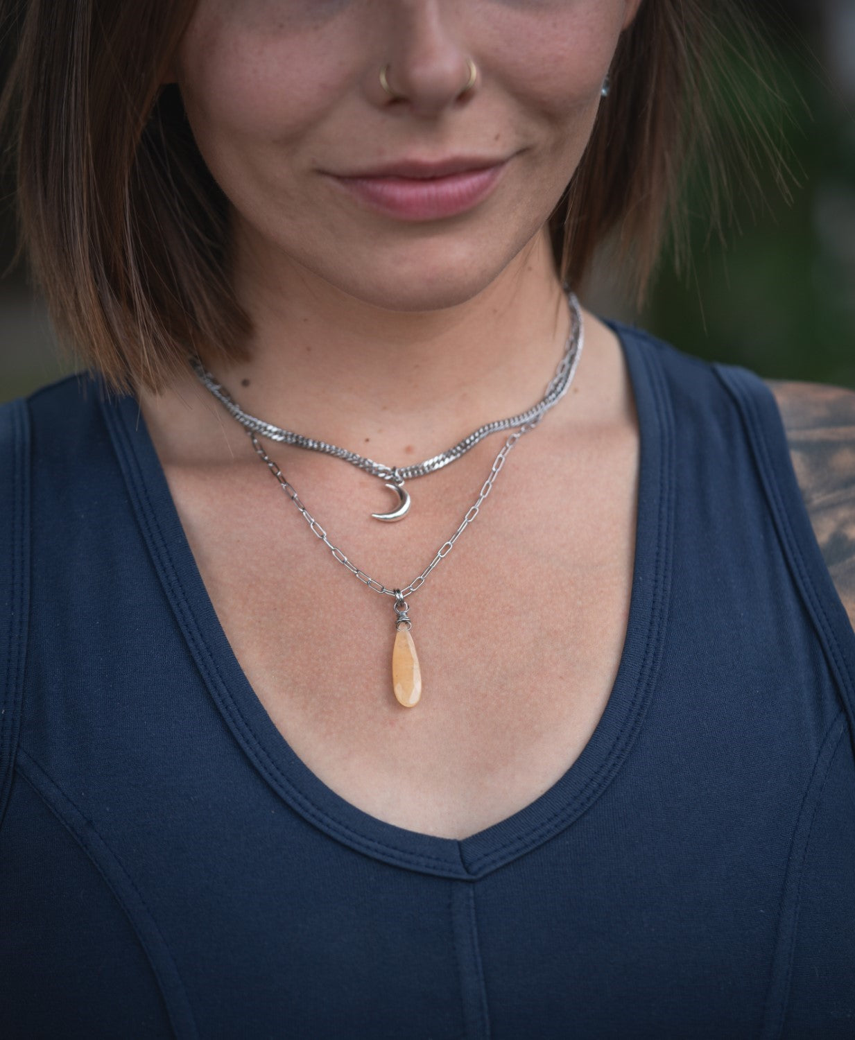'Banish Self Doubt' Faceted Heliodor Drop & Crescent Moon Stainless Steel Layer Necklace