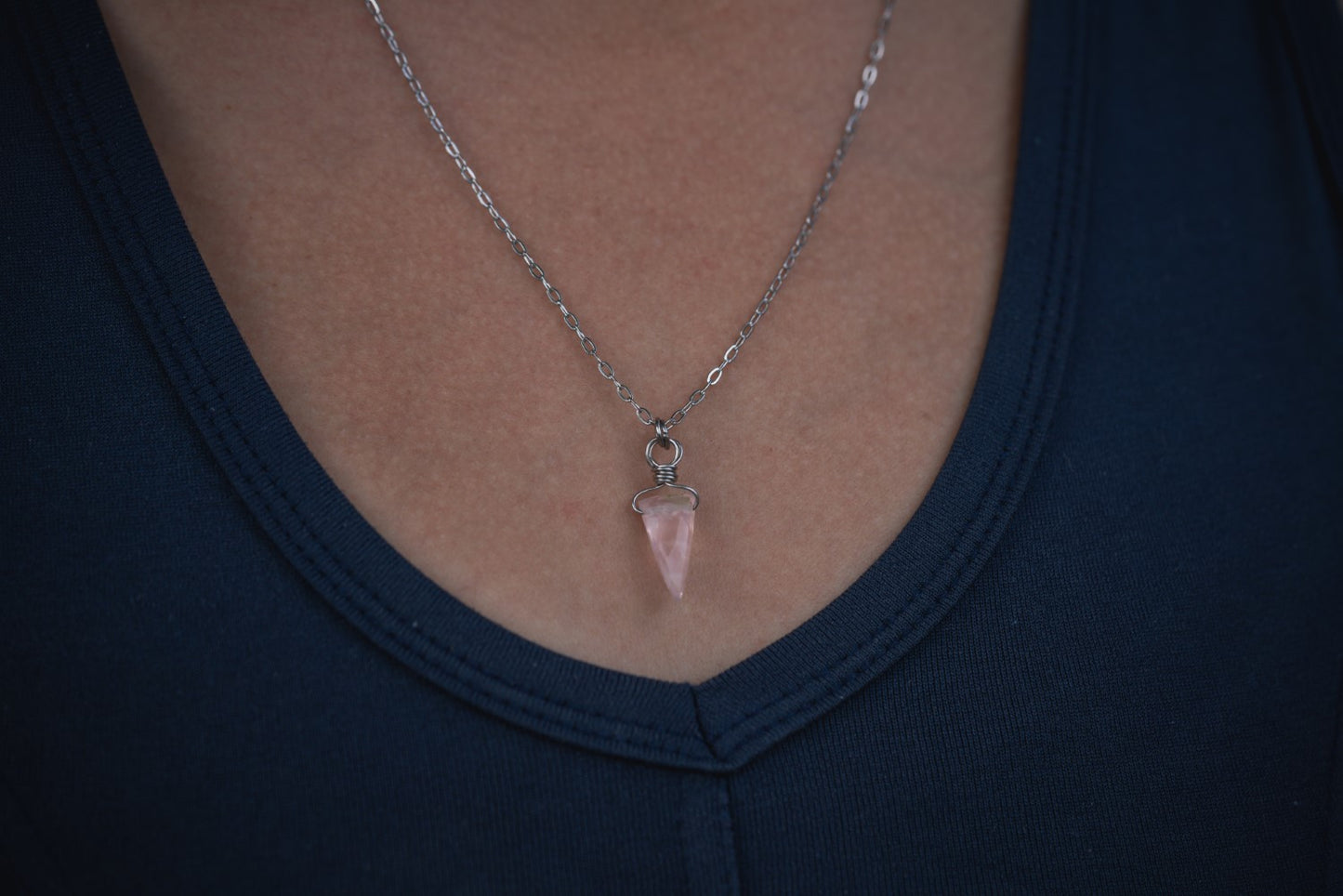 'Self Love Party' Rose Quartz Triangle Stainless Steel Paperclip Necklace