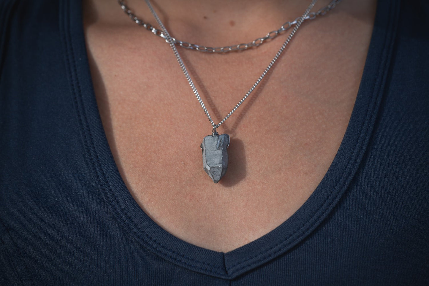 'Trust Your Intuition’ Silver Titanium Quartz Point Stainless Steel Necklace