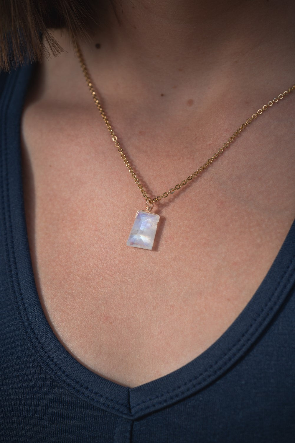 'You Know the Way' Faceted Rainbow Moonstone Trapezoid Gold Plated Stainless Steel Dainty Necklace
