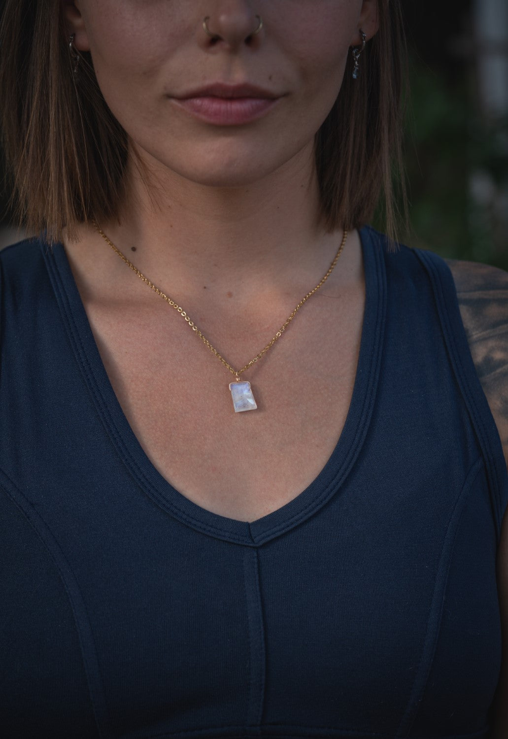 'You Know the Way' Faceted Rainbow Moonstone Trapezoid Gold Plated Stainless Steel Dainty Necklace