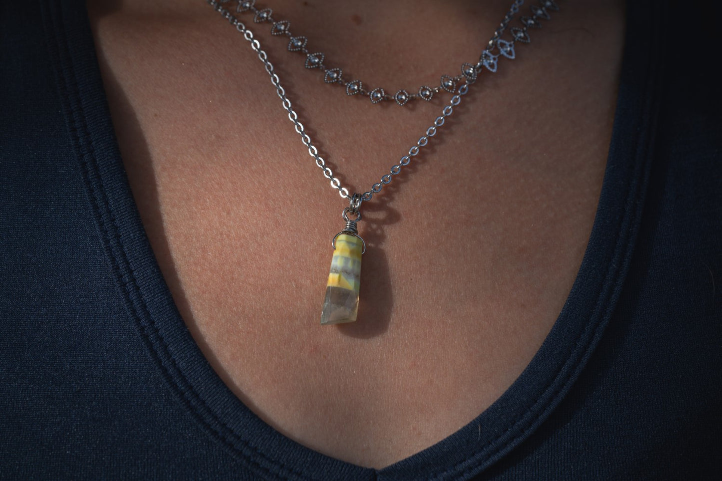 'Take a Deep Breath' Faceted Yellow Boulder Opal Evil Eye Stainless Steel Chain Layer Necklace