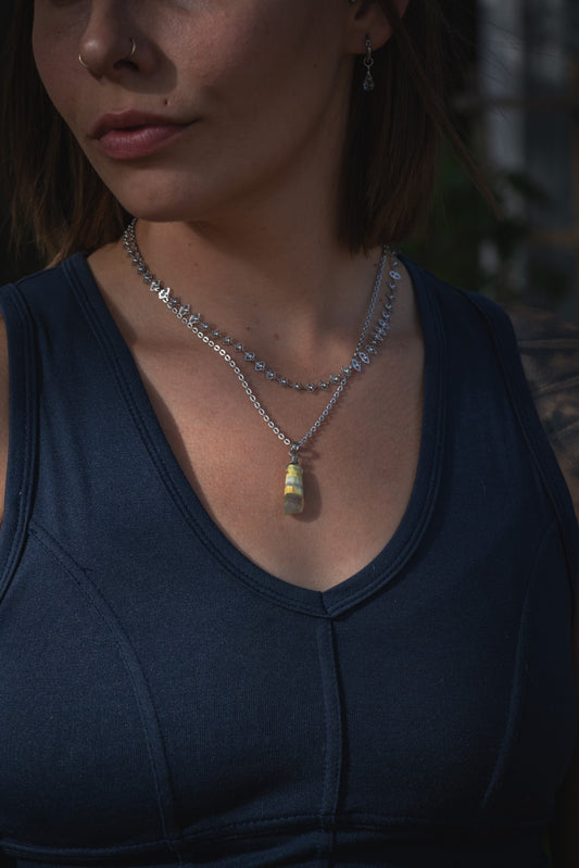 'Take a Deep Breath' Faceted Yellow Boulder Opal Evil Eye Stainless Steel Chain Layer Necklace