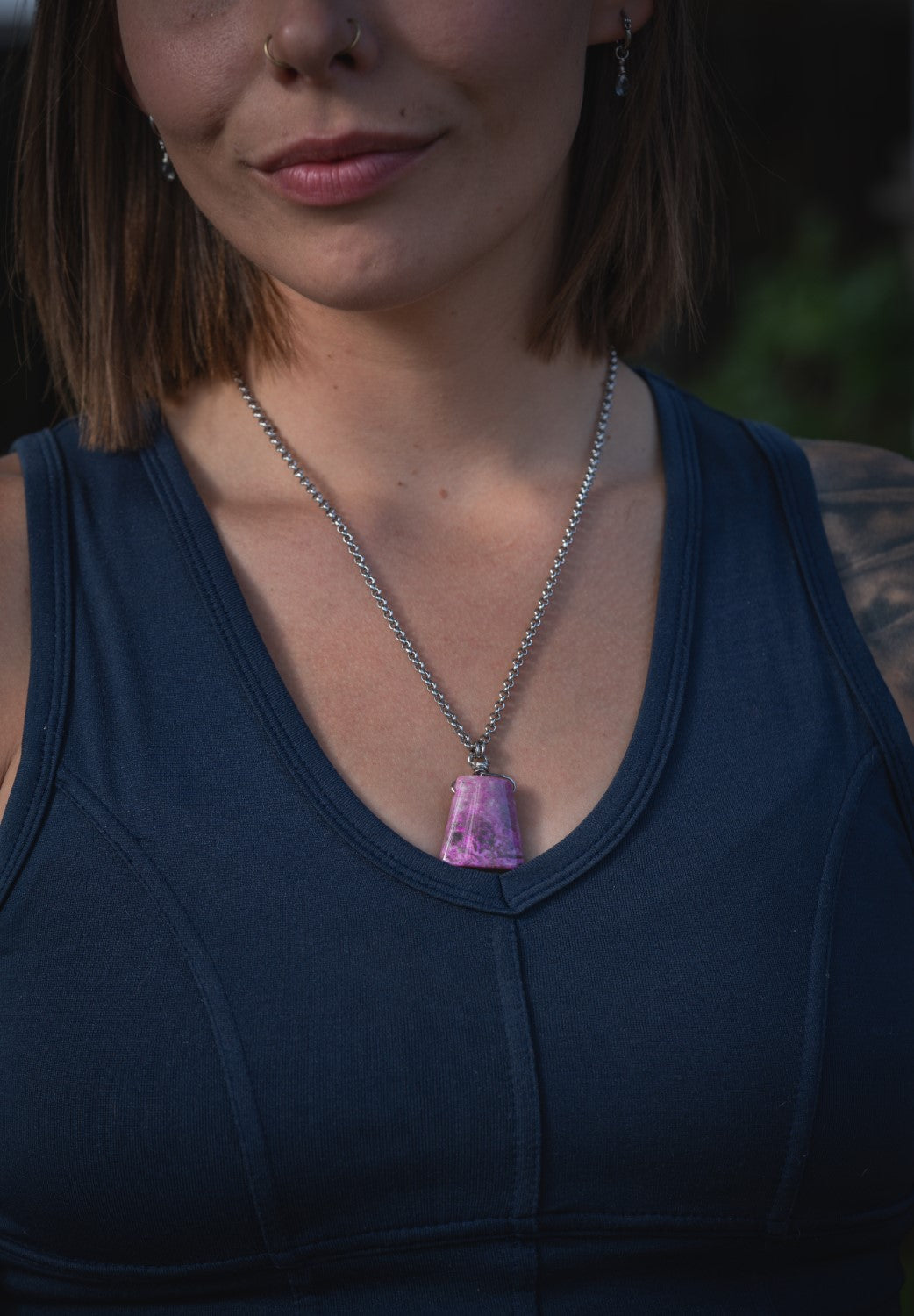 'Protect Your Peace' Trapezoid Sugilite Medallion Stainless Steel Necklace