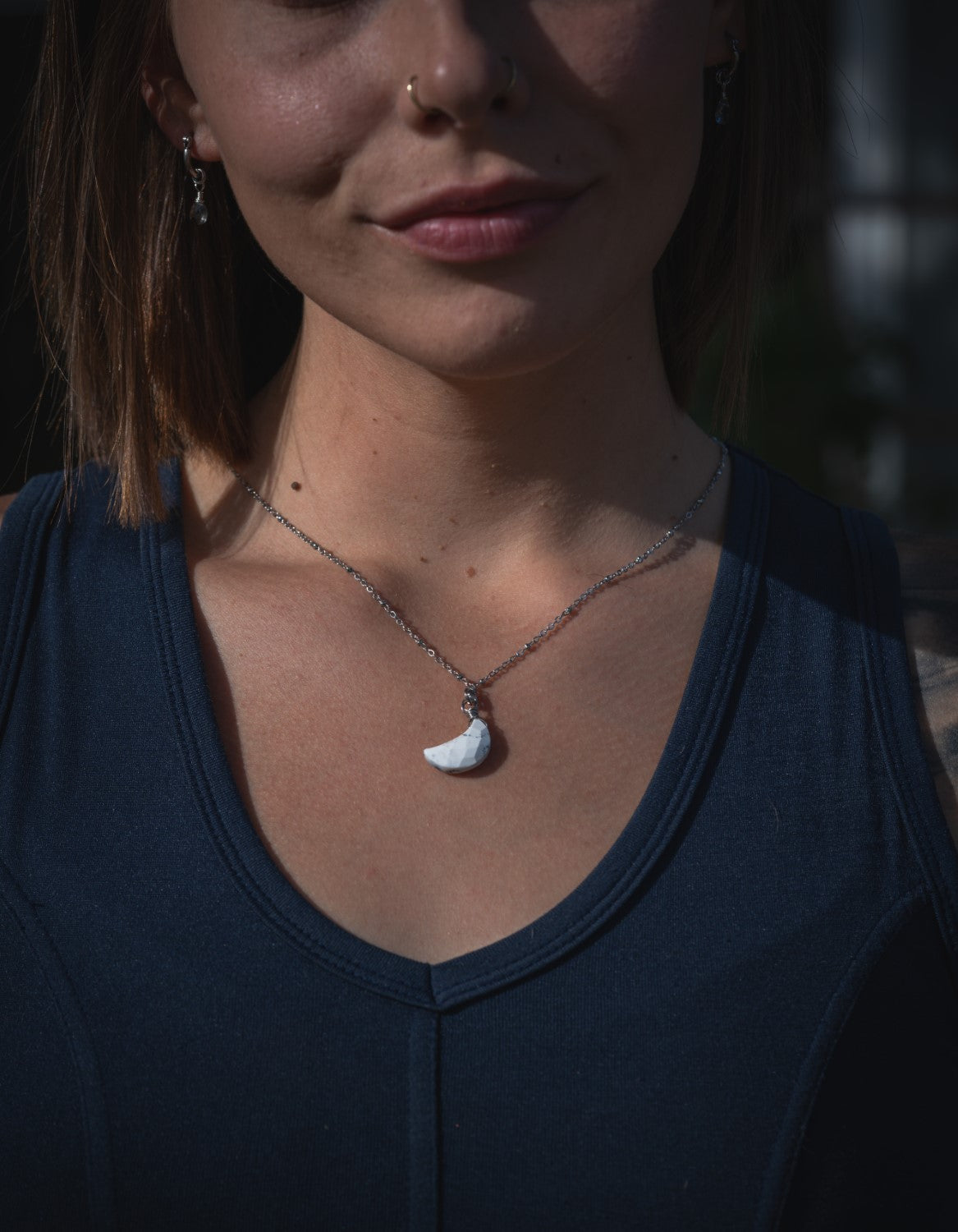 'Determination and Inner Peace' Faceted Howlite Crescent Moon Stainless Steel Dainty Necklace