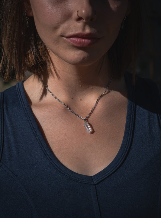 'Amplify the Good' Clear Quartz Point Stainless Steel Dainty Necklace