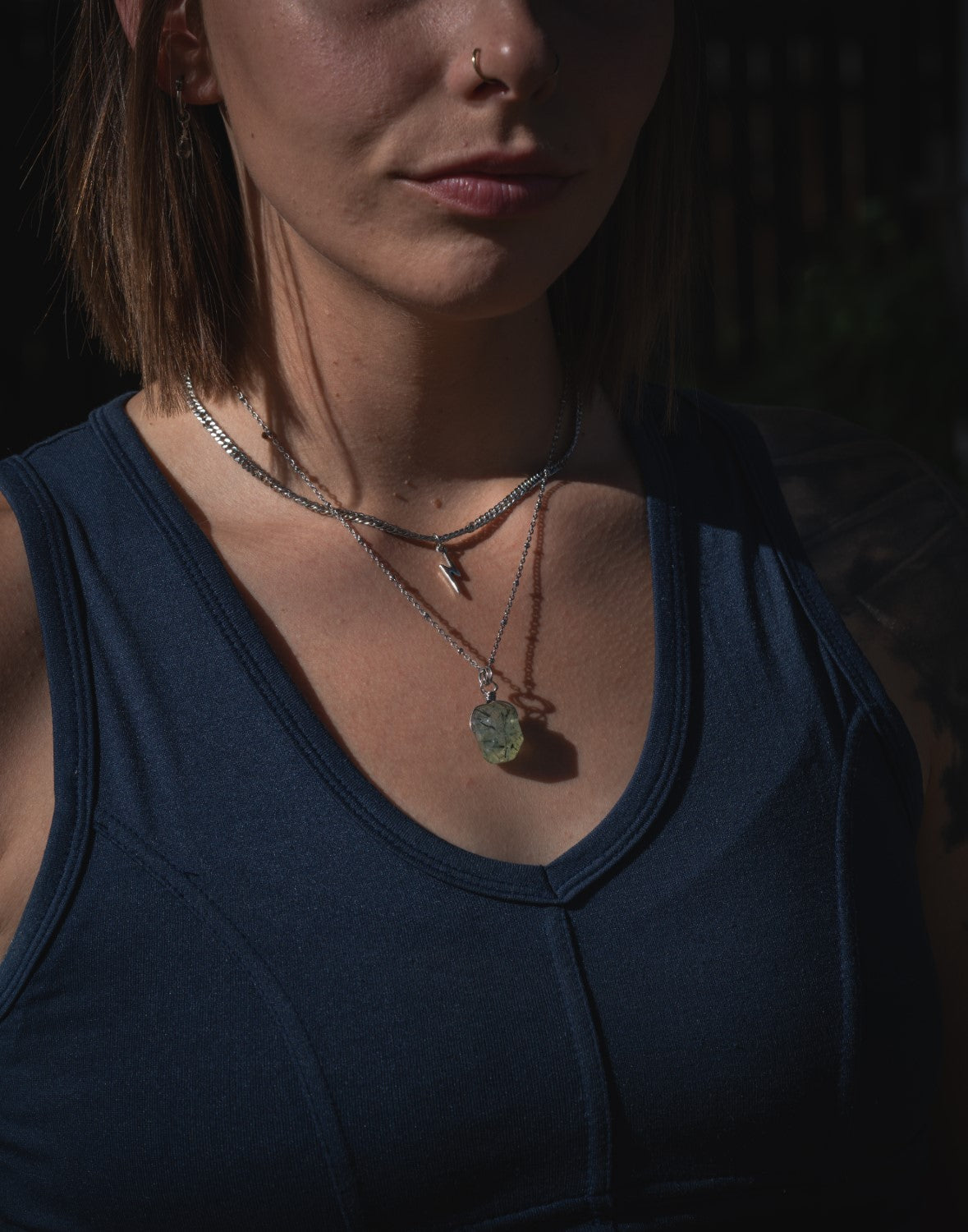 'Heal at Your Own Pace' Prehnite Nugget & Lightning Bolt Charm Stainless Steel Layer Necklace