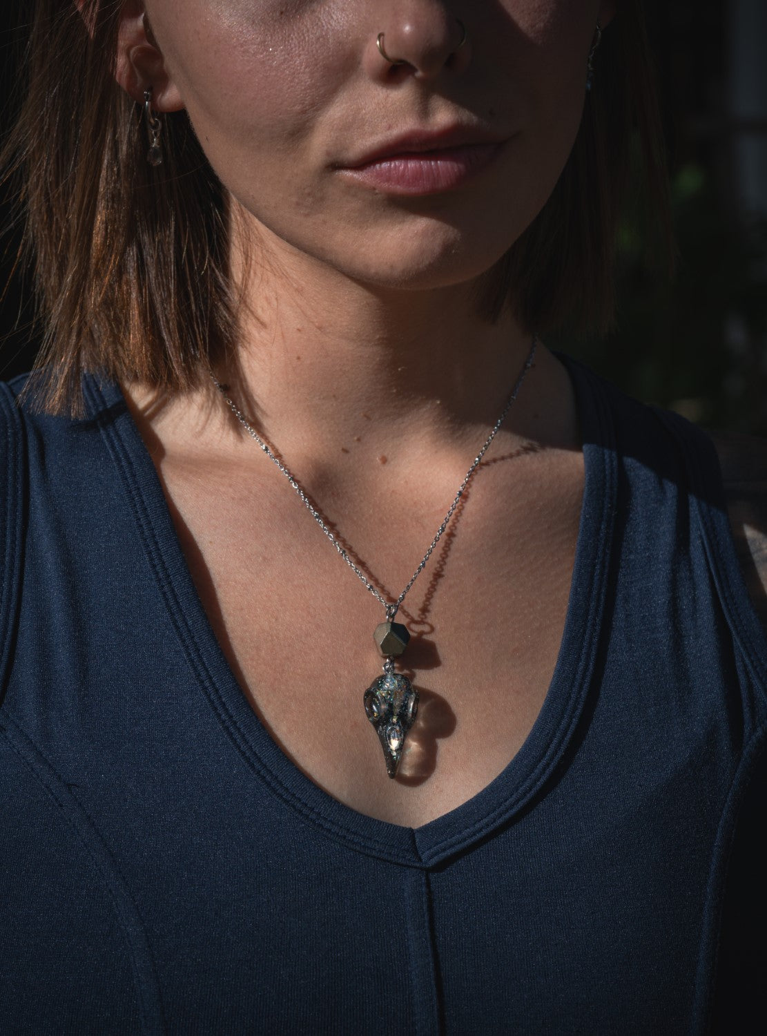 'Kick the Sh*t Out of Your Problems' Pyrite Hexagonal Ball & Glitter Resin Bird Skull Stainless Steel Necklace