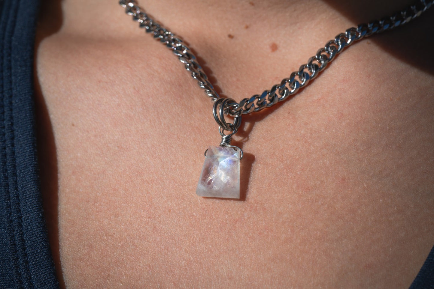 'See the Best Case Scenario' Faceted Rainbow Moonstone Trapezoid Semi Chonk Stainless Steel Necklace