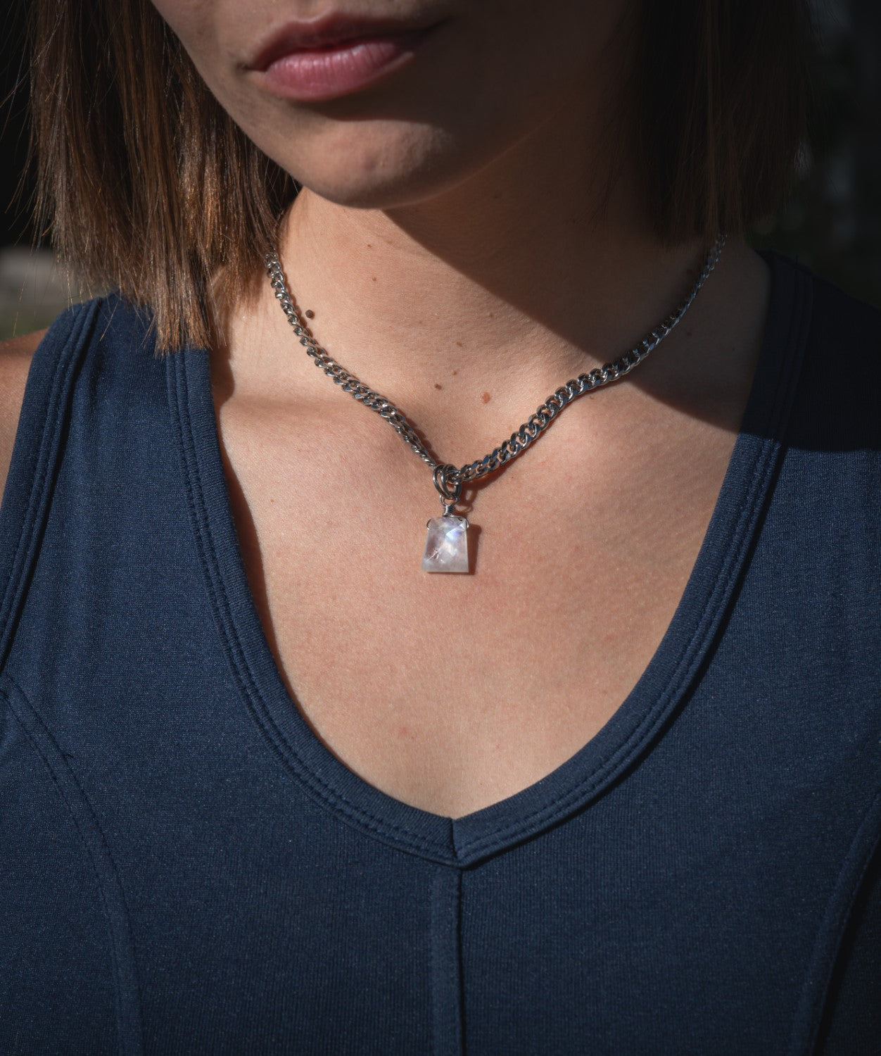 'See the Best Case Scenario' Faceted Rainbow Moonstone Trapezoid Semi Chonk Stainless Steel Necklace