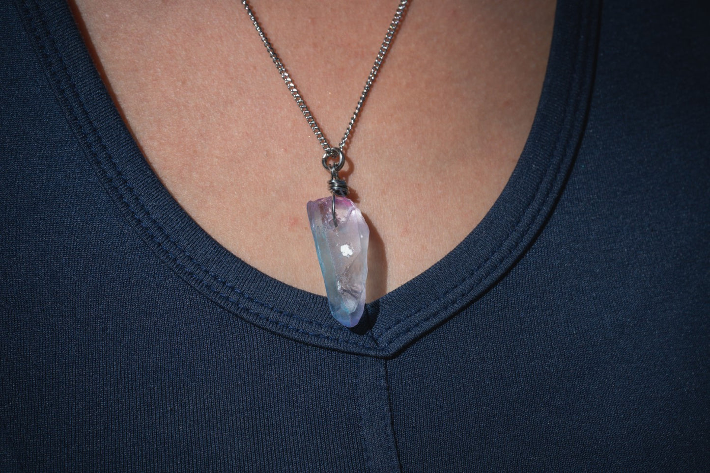 'Stay in Your Happy Place' Blue Pink Titanium Quartz & Crescent Moon Stainless Steel Layer Necklace