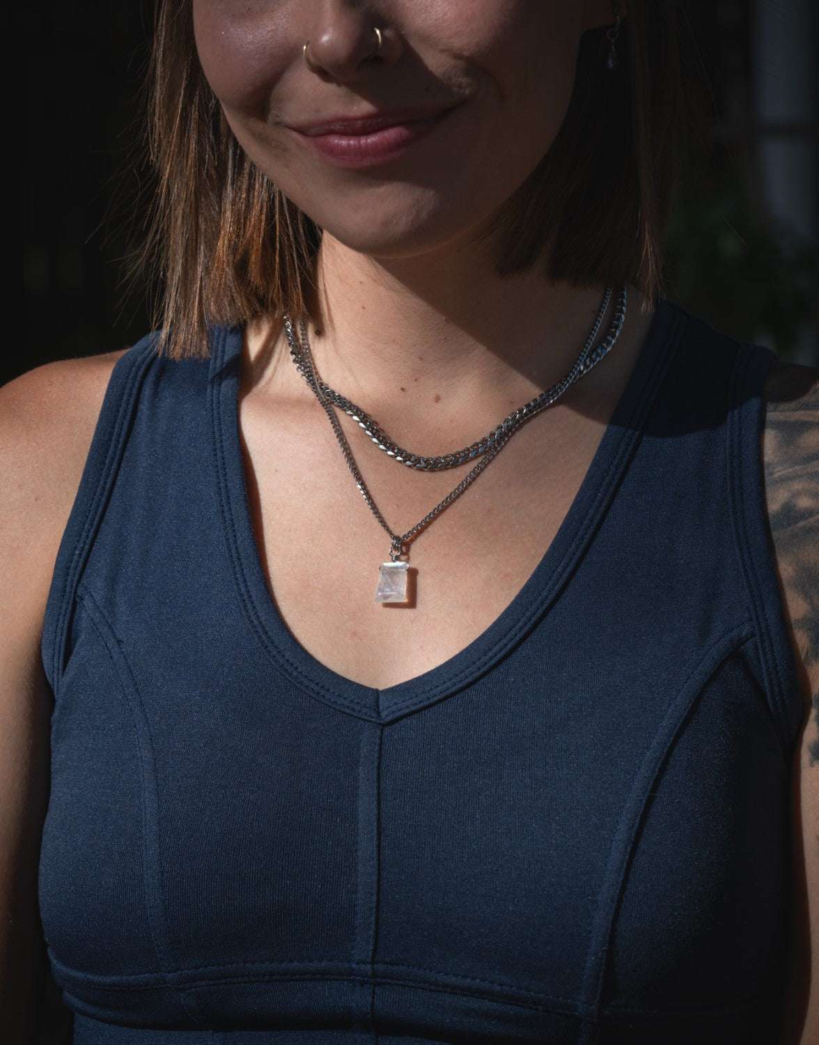'See the Best Case Scenario' Faceted Rainbow Moonstone Semi Chonk Stainless Steel Necklace
