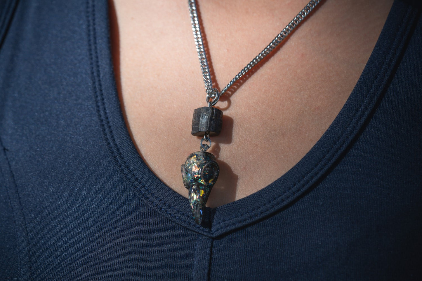 'Don't Mess' Raw Black Tourmaline & Glitter Resin Bird Skull Stainless Steel Necklace