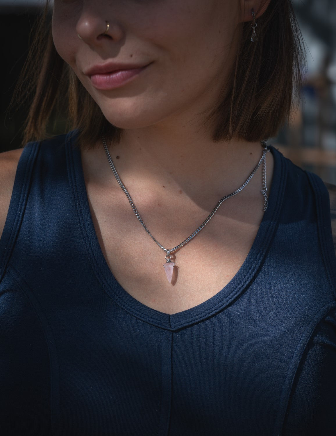 'Self Kindness' Rose Quartz Triangle Semi Chonk Stainless Steel Necklace
