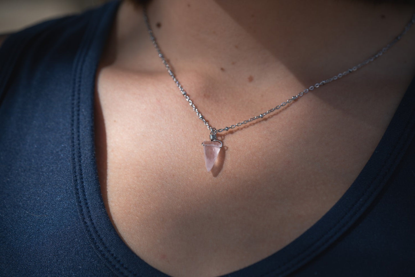 'You Deserve Love' Rose Quartz Triangle Stainless Steel Ball Chain Necklace