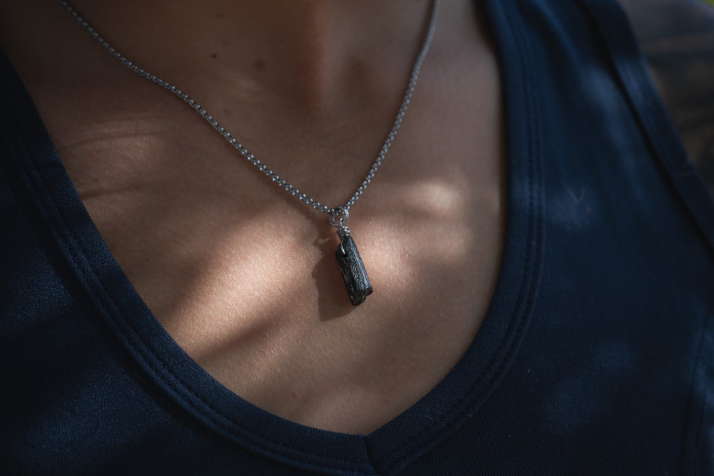 'Don't Mess' Raw Black Tourmaline & Lightning Bolt Stainless Steel Necklace