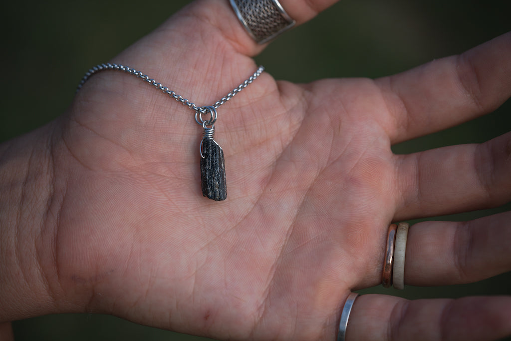 'Don't Mess' Raw Black Tourmaline & Lightning Bolt Stainless Steel Necklace