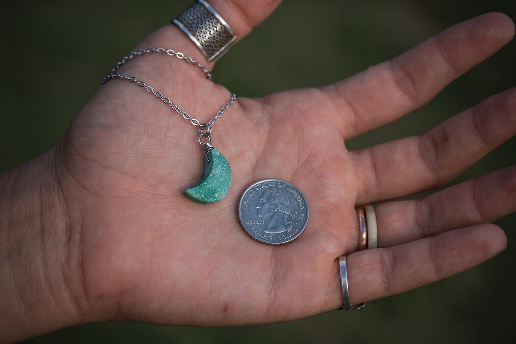 'Trust Your Intuition’ Seafoam Green Crescent Moon Titanium Quartz Druzy Stainless Steel Necklace