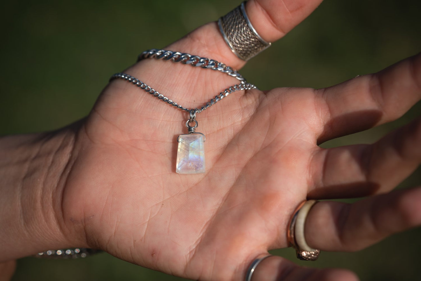 'See the Best Case Scenario' Faceted Rainbow Moonstone Semi Chonk Stainless Steel Necklace
