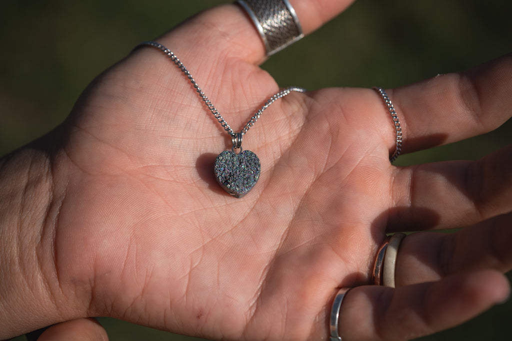 'Trust Your Intuition’ Titanium Quartz Heart Druzy Stainless Steel Necklace