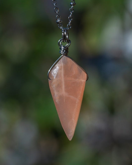 'Be Gentle With Yourself' Faceted Peach Moonstone Shield Stainless Steel Dainty Necklace