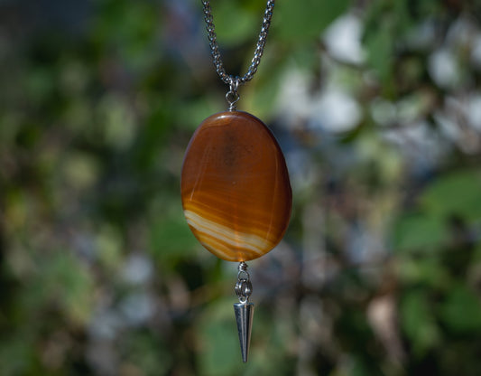 'Trust Your Gut' Orange Banded Agate Slab & Pointed Stud Charm Stainless Steel Necklace