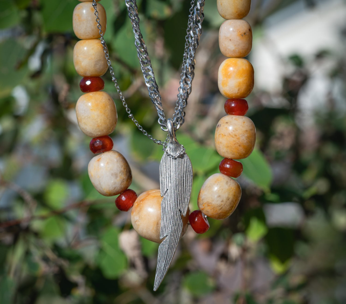 'Life is Sweet' Graduated Honey Jade, Carnelian & Giant Feather Charm Stainless Steel LayerNecklace