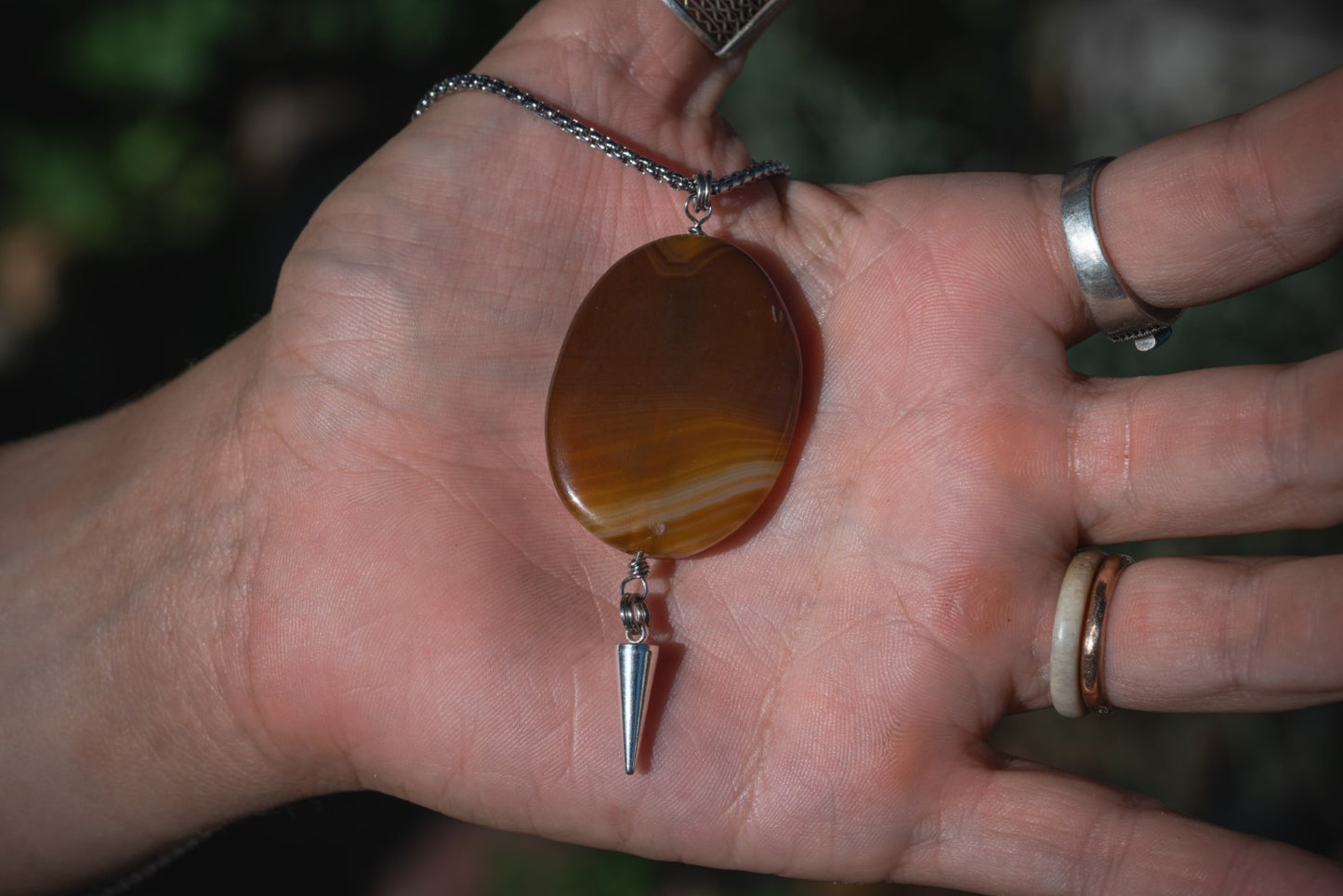 'Trust Your Gut' Orange Banded Agate Slab & Pointed Stud Charm Stainless Steel Necklace