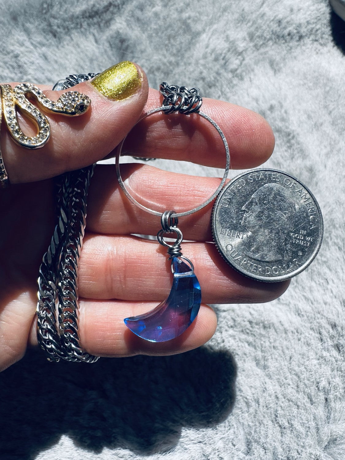 'Mystical Magickal' Mystic Titanium Aura (Hydro) Quartz Crescent Moon Stainless Steel Semi-Chonk Necklace