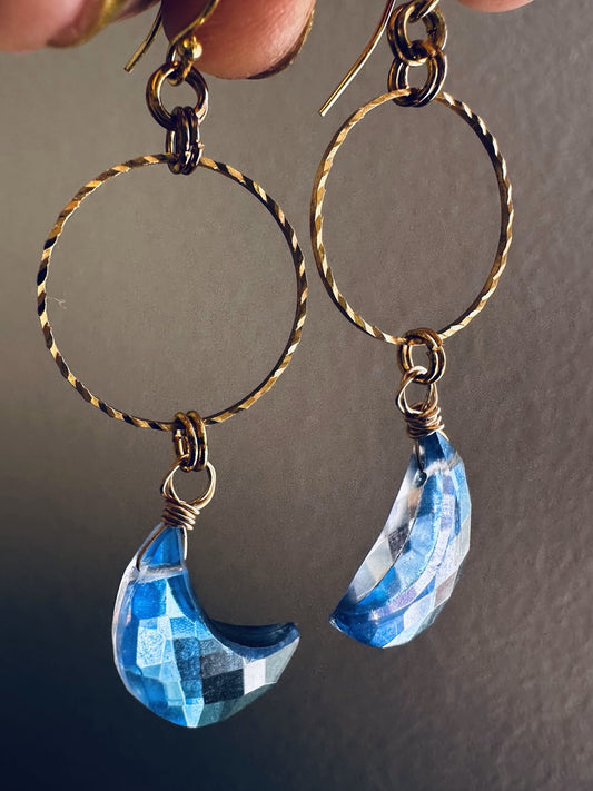 'Mystical Magickal' Mystic Titanium Aura (Hydro) Quartz Crescent Moon Gold Plated Stainless Steel Hoop Earrings