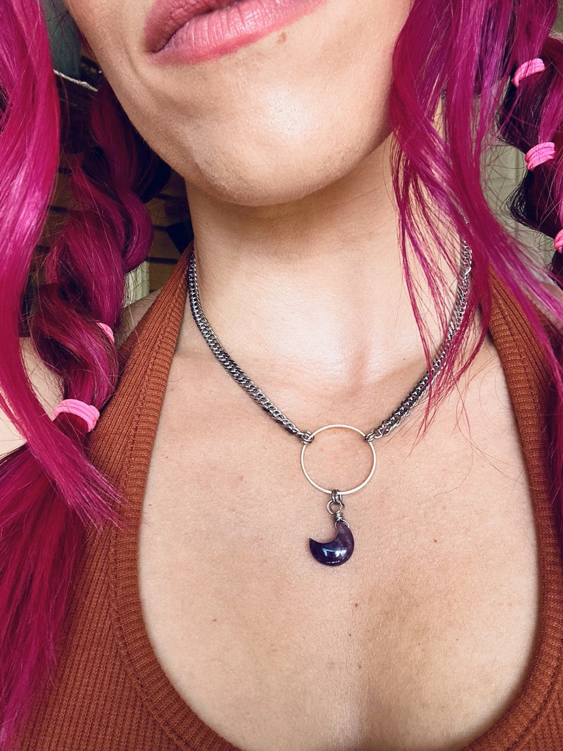 Amethyst Crescent Moon Stainless Steel Semi-Chonk Necklace