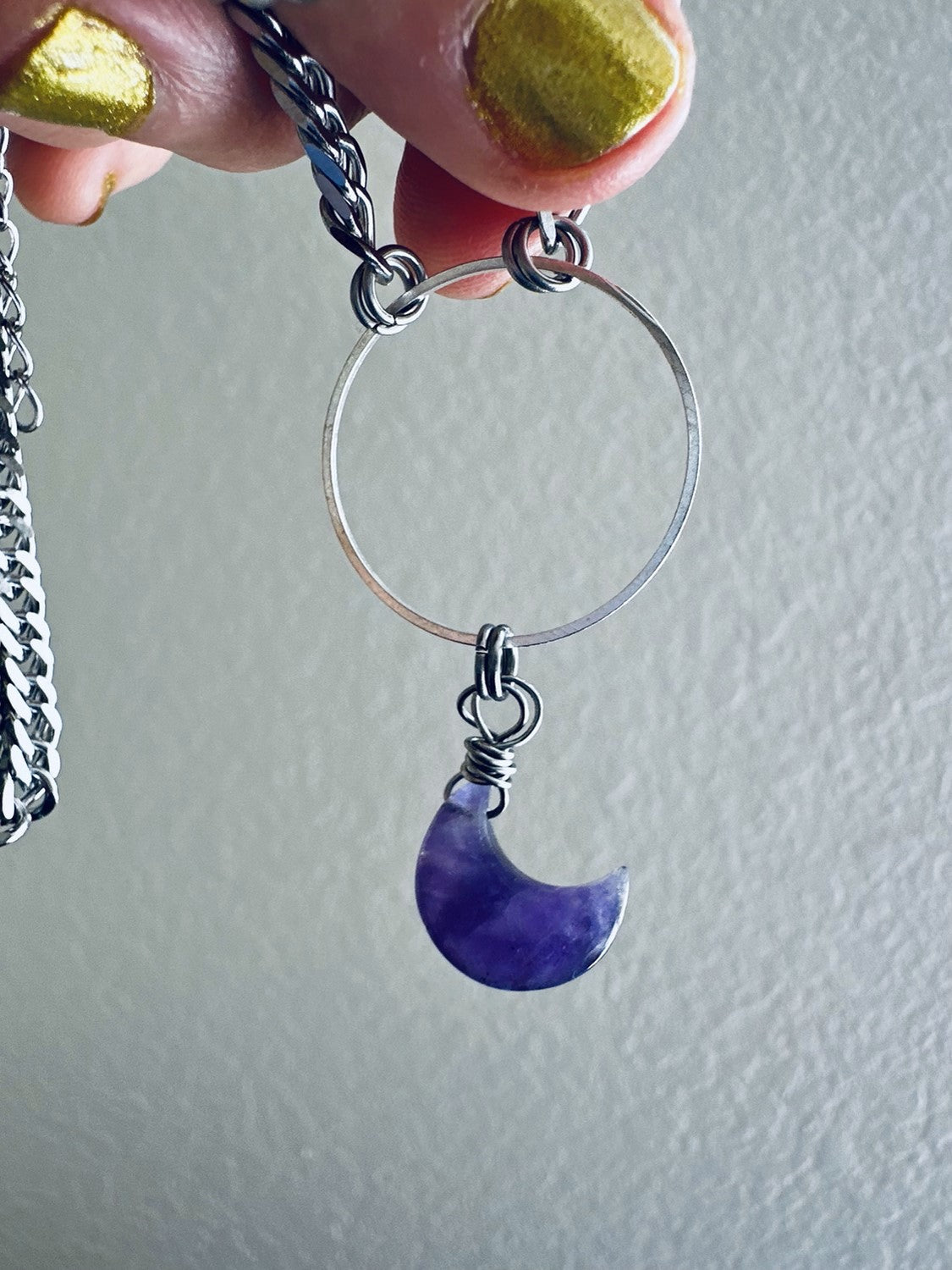 Amethyst Crescent Moon Stainless Steel Semi-Chonk Necklace