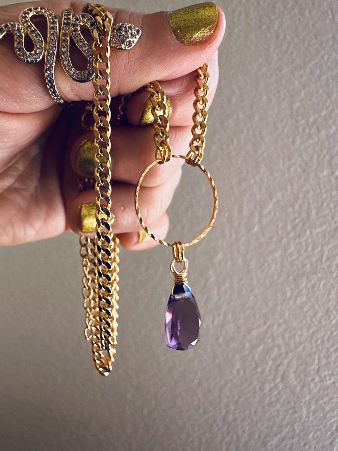 Faceted Amethyst Drop Gold Plated Stainless Steel Necklace