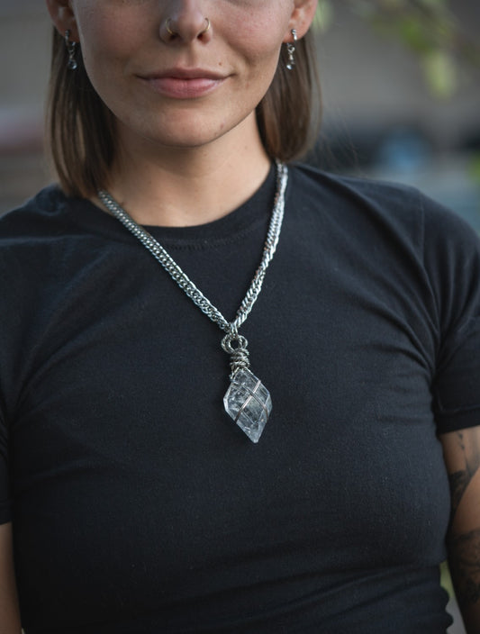 'Claim Your Power' Large Clear Lodolite Diamond Shard Stainless Steel Super Chonk Necklace