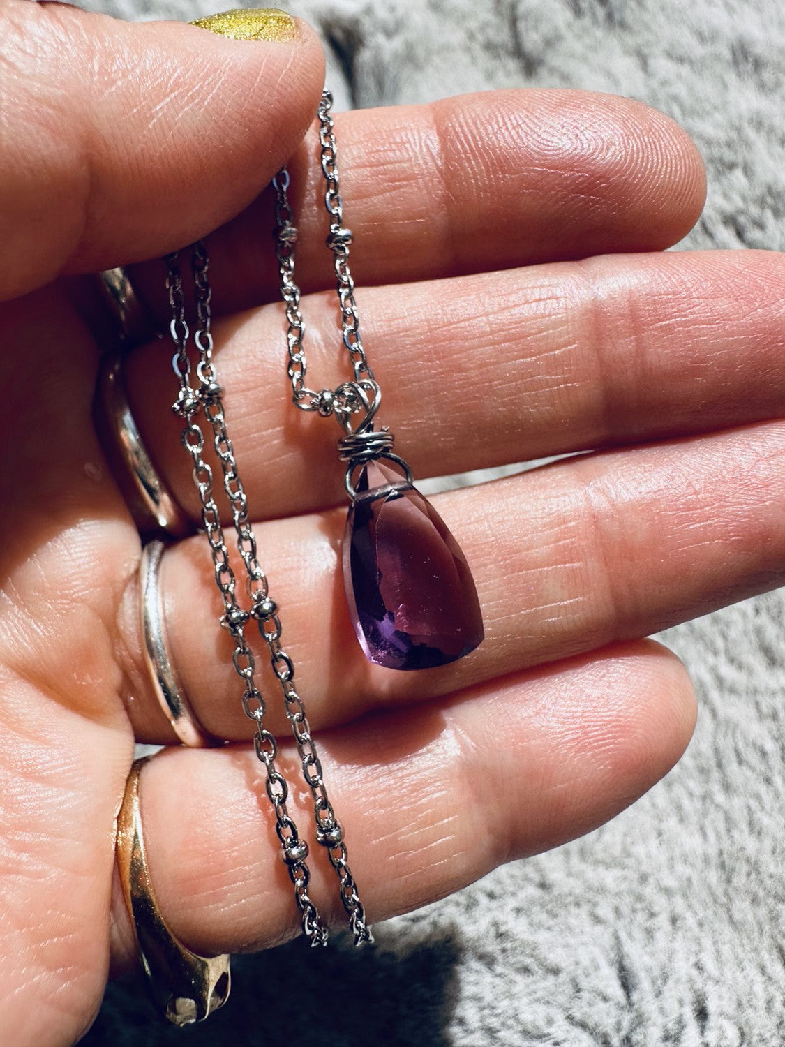 Faceted Amethyst Drop Stainless Steel Dainty Necklace