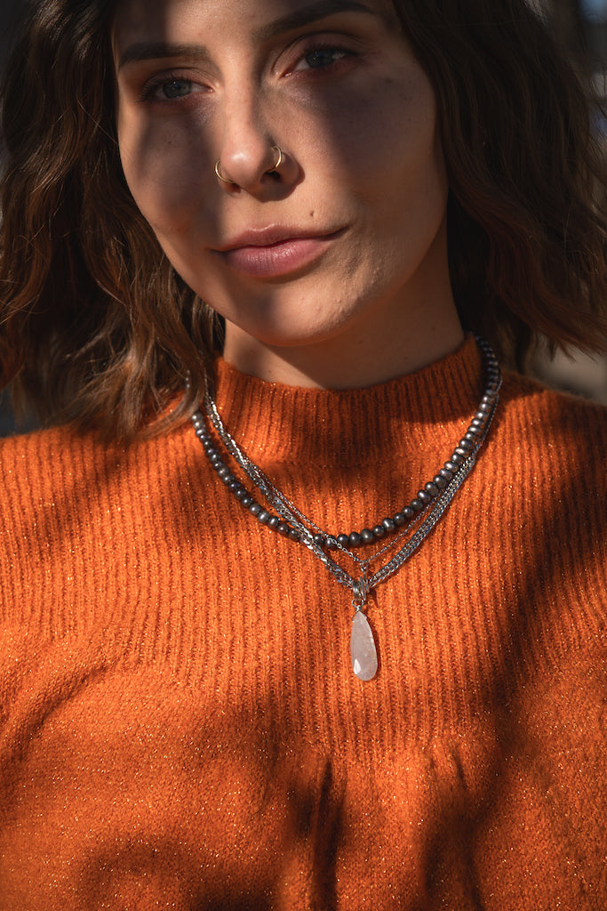 'You Know the Way' Silver Moonstone Drop & Gray Freshwater Pearls & Lightning Bolt Charm Stainless Steel Layer Necklace