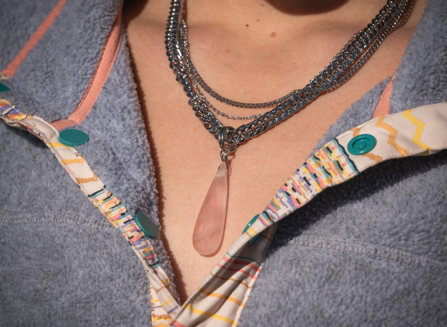 'Self Love Party' Long Faceted Rose Quartz Drop Stainless Steel Chonk Layer Necklace