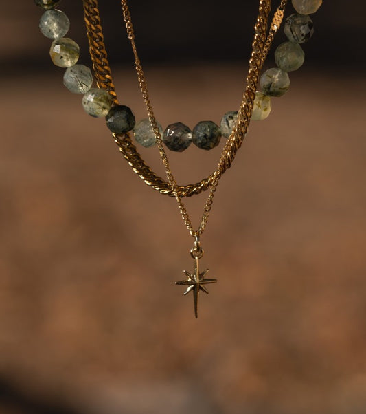 'Heal at Your Own Pace' Faceted Prehnite & Northstar Charm Gold Plated Stainless Steel Necklace