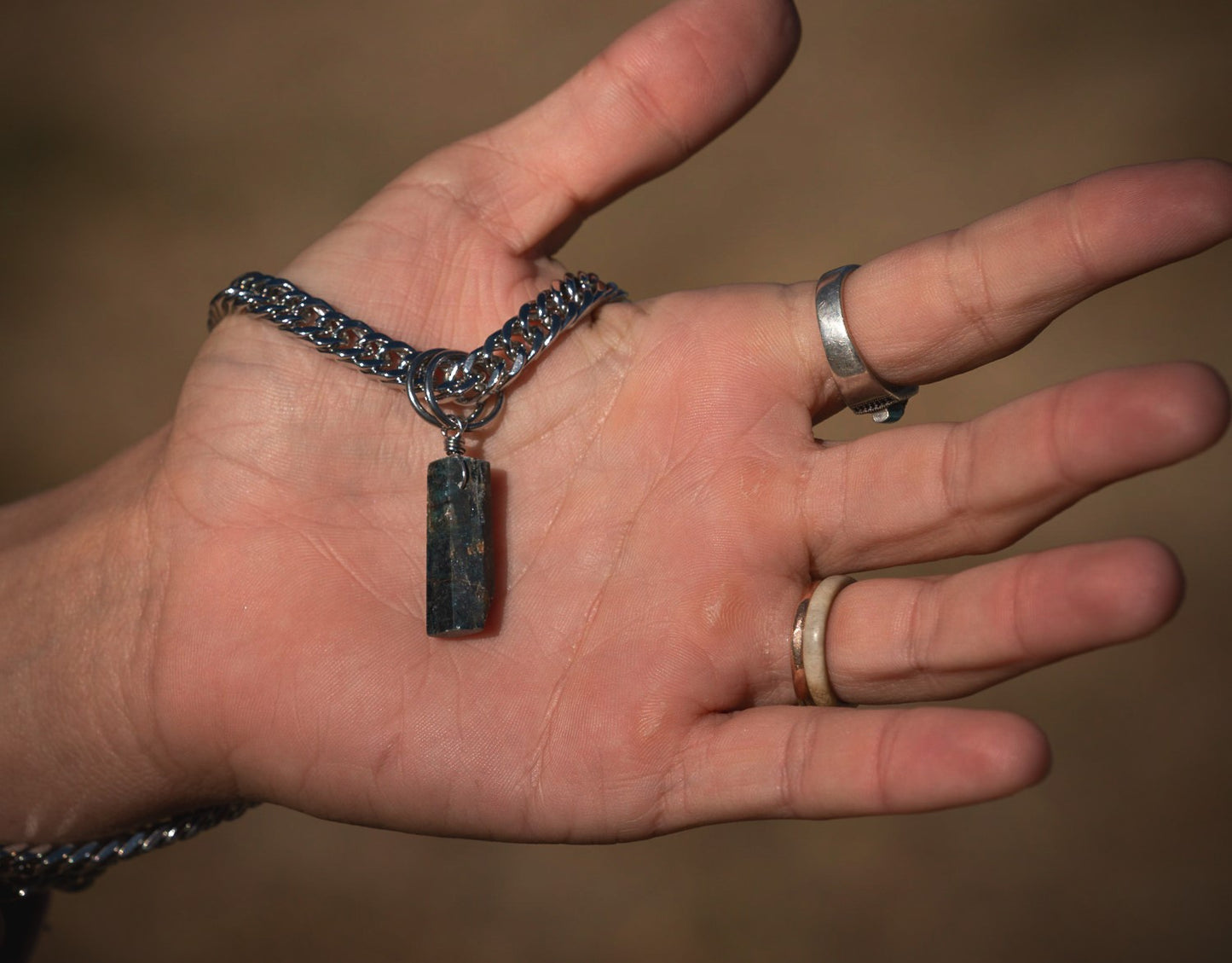 'Align With Your Highest Self' Raw Blue Kyanite Stick Stainless Steel Chonk Necklace
