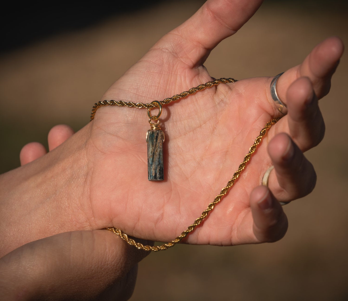 'Stay Calm' Raw Blue Kyanite Stick Gold Plated Stainless Steel Necklace