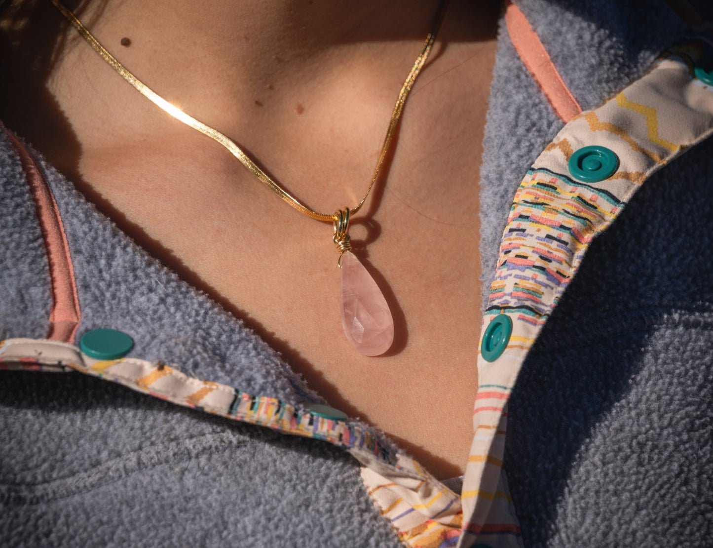 'Self Love Party' Rose Quartz Stone Drop Gold Plated Stainless Steel Herringbone Chain Necklace