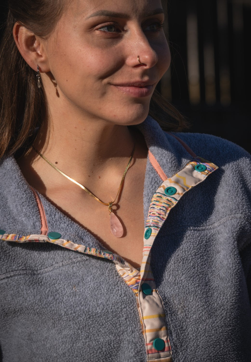 'Self Love Party' Rose Quartz Stone Drop Gold Plated Stainless Steel Herringbone Chain Necklace