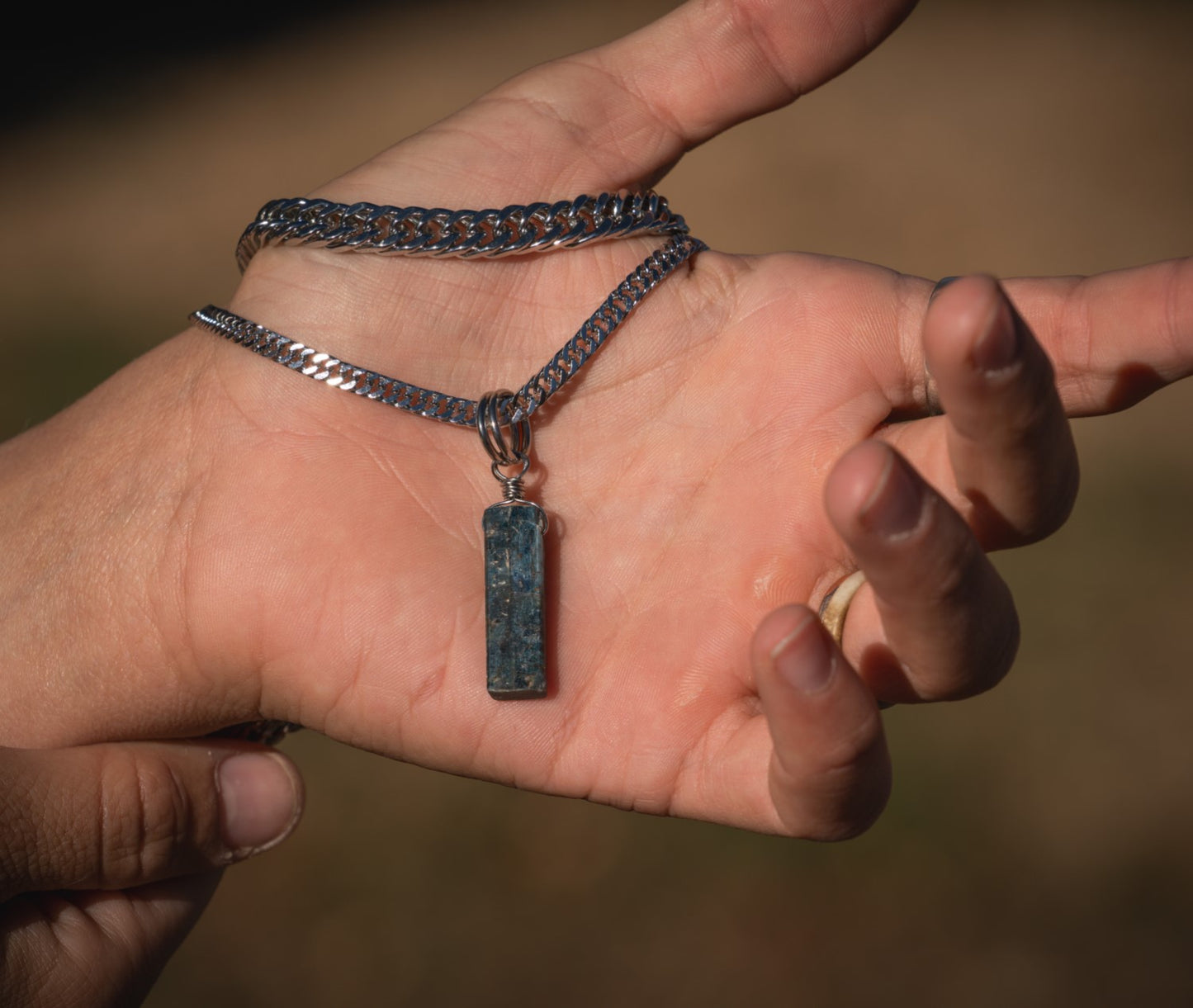 'Keep Calm' Raw Blue Kyanite Stick Stainless Steel Double Chonk Layer Necklace