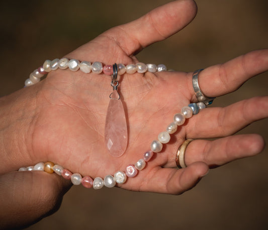 'You Deserve Love' Faceted Rose Quartz Drop & Freshwater Pearls Stainless Steel Necklace