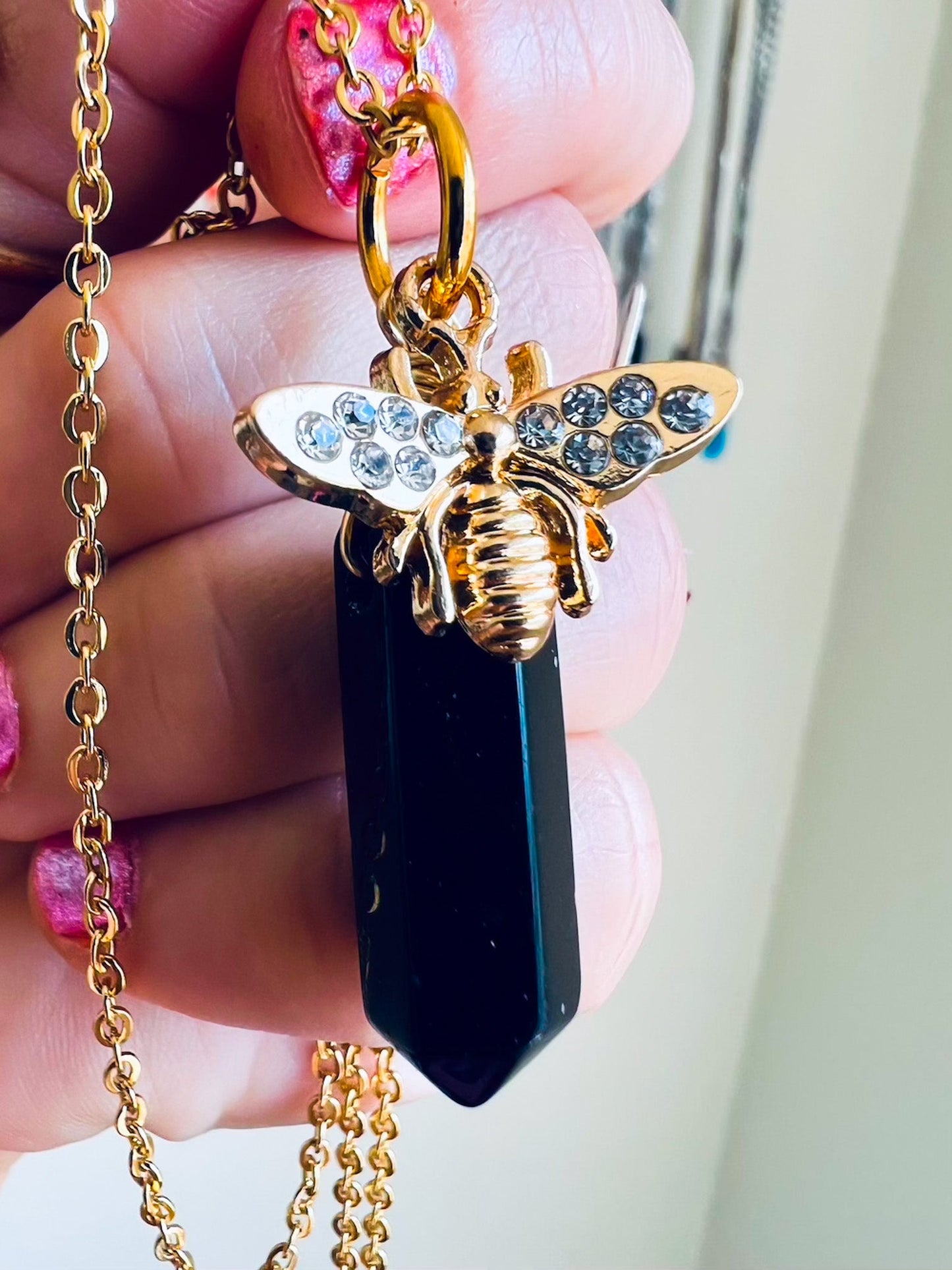 'Create Strong Boundaries' Faceted Black Onyx & Rhinestone Bumblebee Gold Plated Stainless Steel Necklace