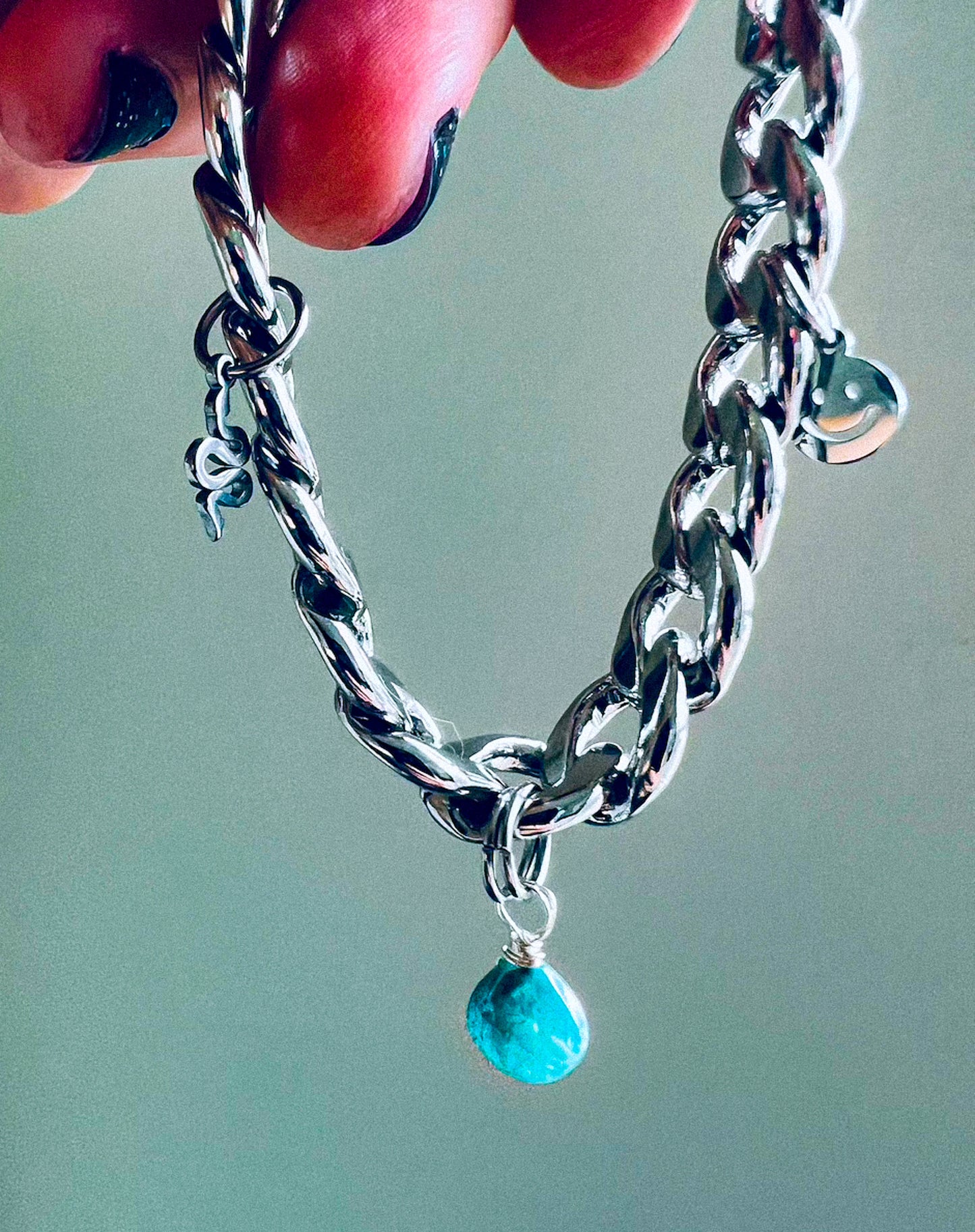 'Trust Your Inner Guidance’ Blue Moonstone, Lil Smiley Face, Lil Snake Silver Plated Brass Cuban Chain Charm Bracelet