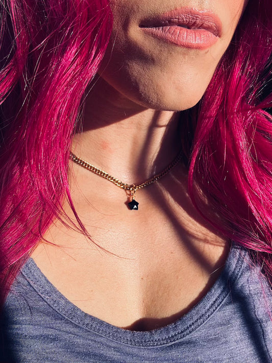 Black Onyx Star 'Guardian' Gold-Plated Stainless Steel Semi-Chonk Cuban Chain Choker Necklace