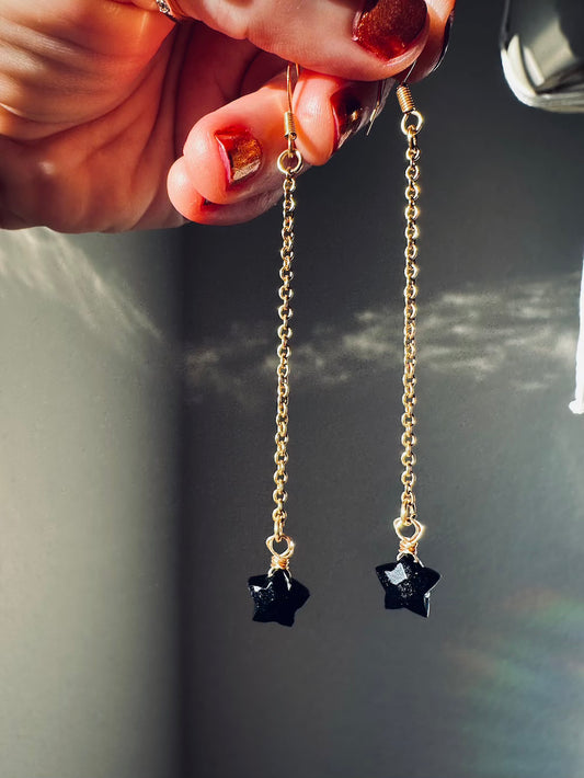 Black Onyx 'Guardian' Star Gold Plated Stainless Steel Drop Chain Earrings